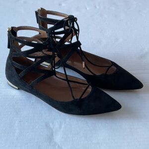 Aquazzura Belgravia lace up flats black suede  Size 39 US size 9)